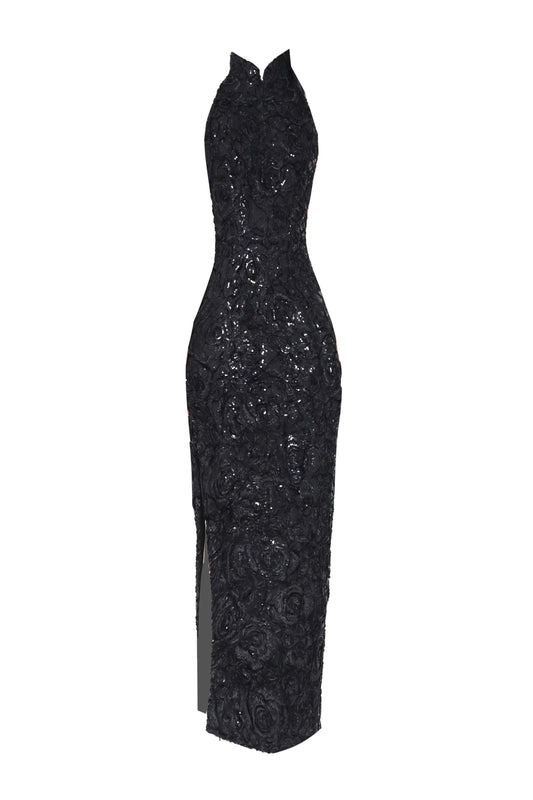 Closr x Joya Ma Black Velvet Lace Maxi Qipao