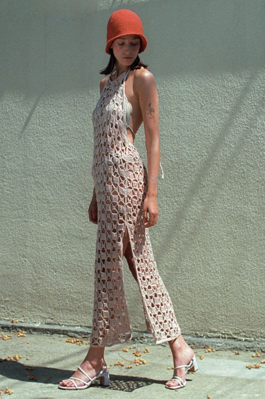 BEIGE KNITTED FISHNET MAXI DRESS