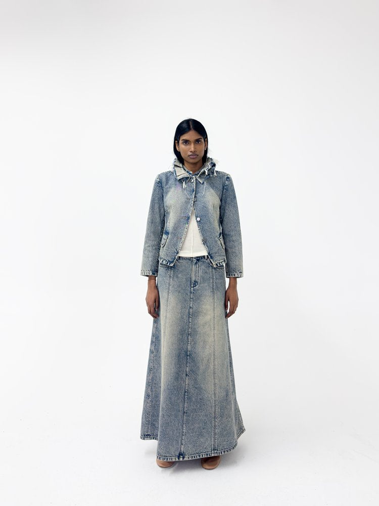 Denim Tailored Jacket with Detachable Ruffle Collar