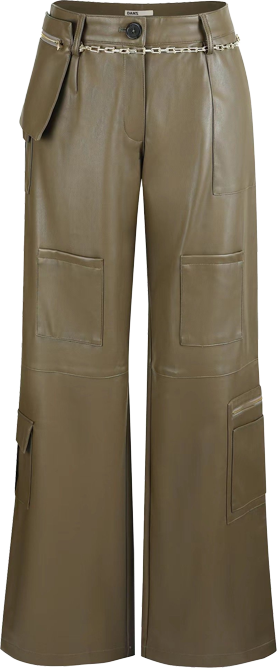 Low Waist Nine-Pocket Leather Cargo Pants - Olive