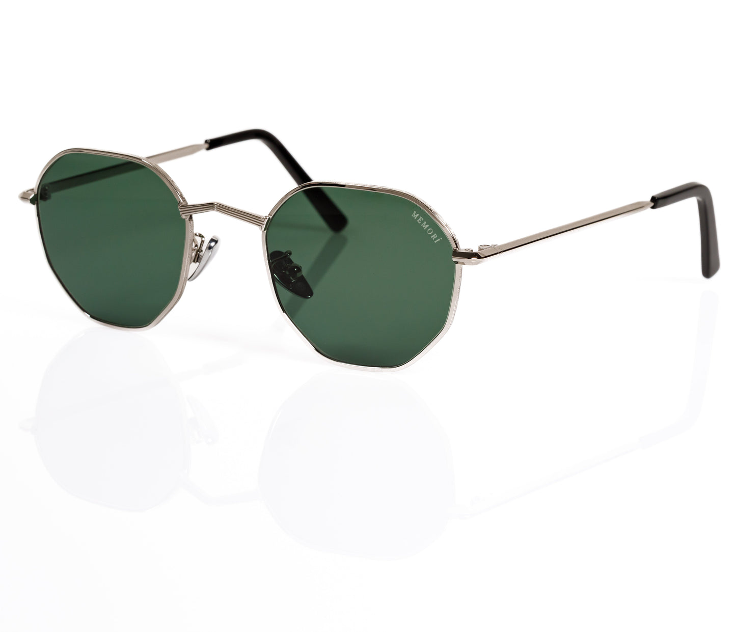 Hexagon Sunglasses in Silver - Green Lenses