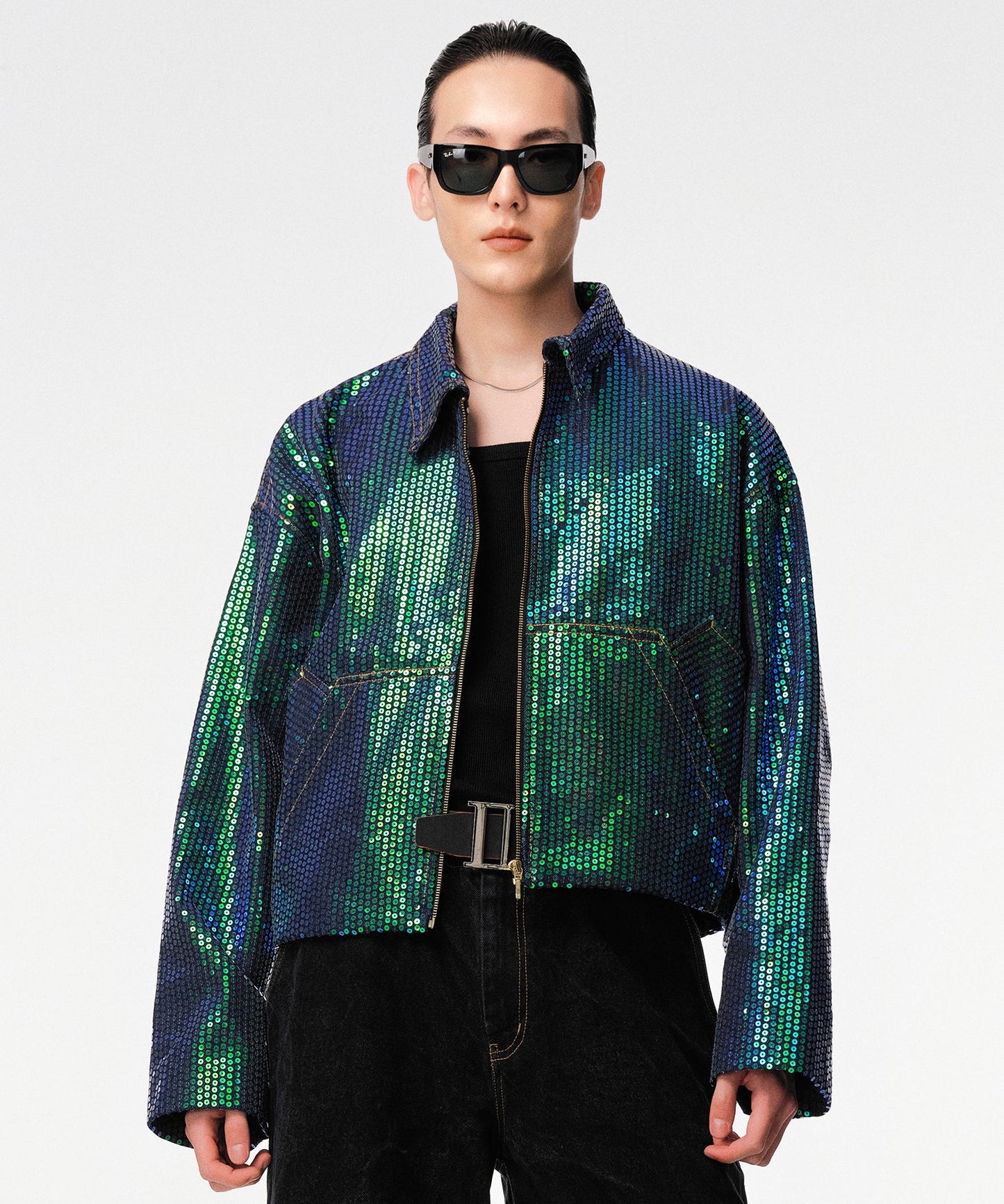 Matrix Sequin Denim Crop Jacket