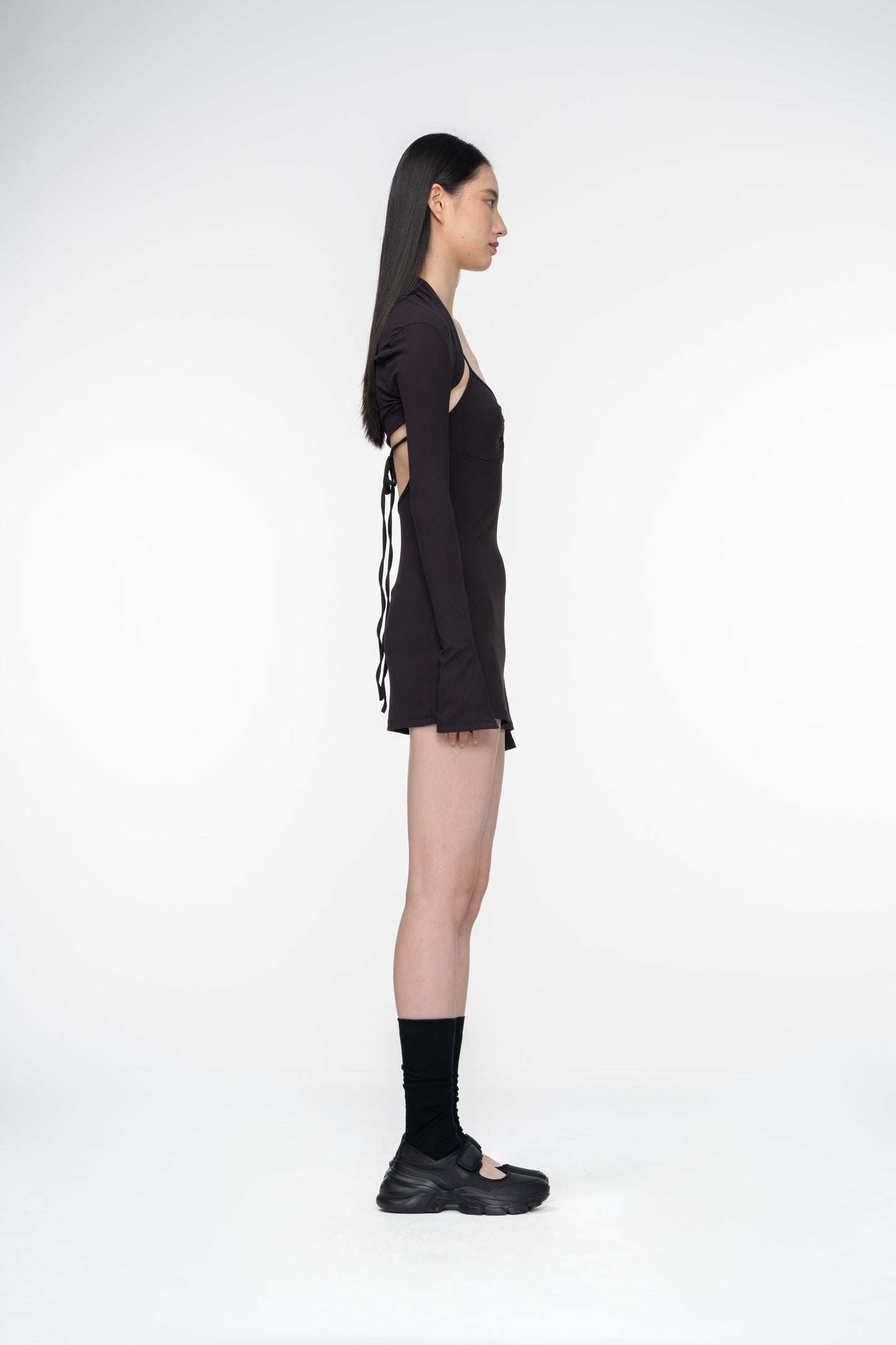 Open Back Mini Dress with Shawl Cardigan in Black