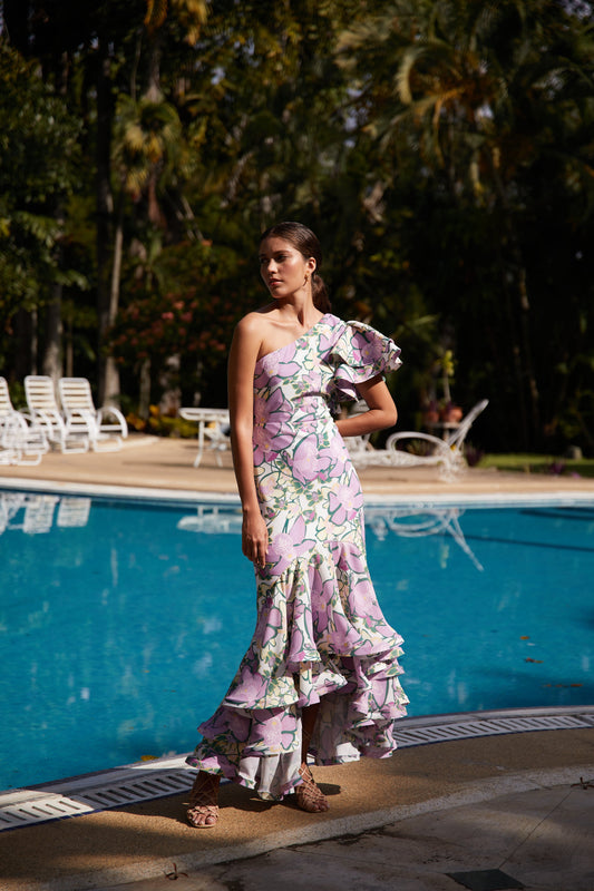 COROCORA DRESS IN ORQUIDEA DE SAL PRINT