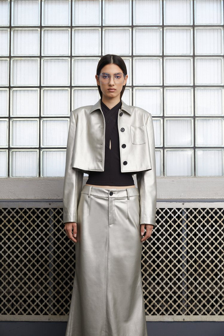 BioLeather Cropped Tailored Leather Jacket in Disco Silver