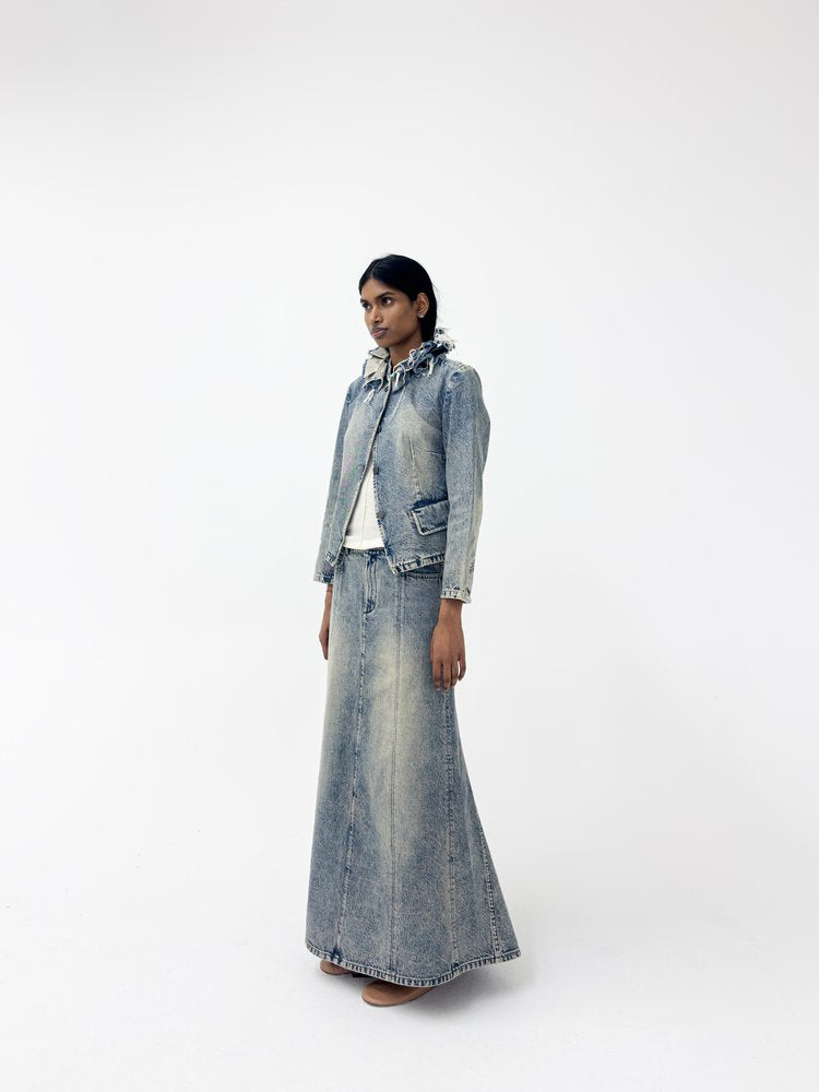 Denim Fishtail Low-Waist Denim Maxi Skirt