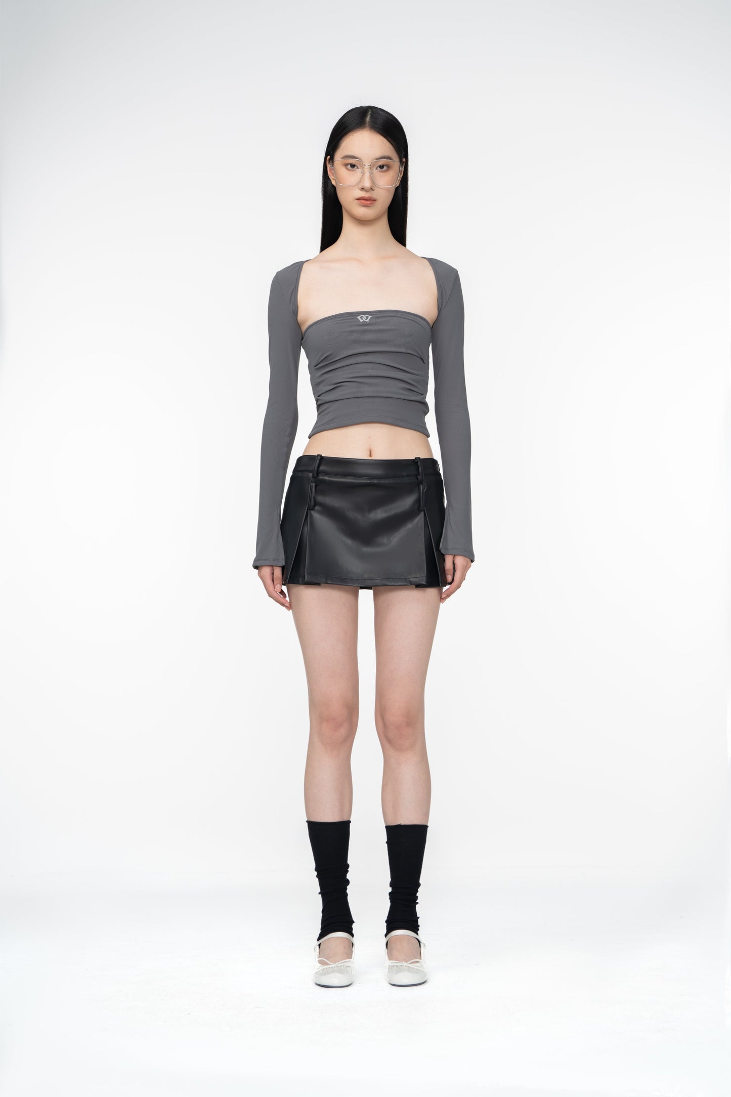 FIR© Tube Top with Side Pleates and Detachable Sleeves in Gray